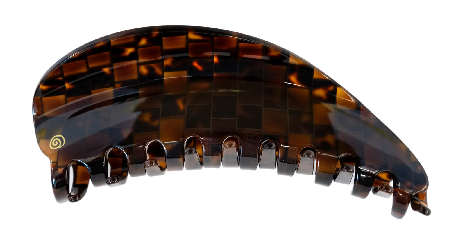 A single tortoiseshell hair claw clip shown from a side profile on a solid white background. The clip features a glossy amber-brown and black mottled pattern with a small gold spiral logo near the top.